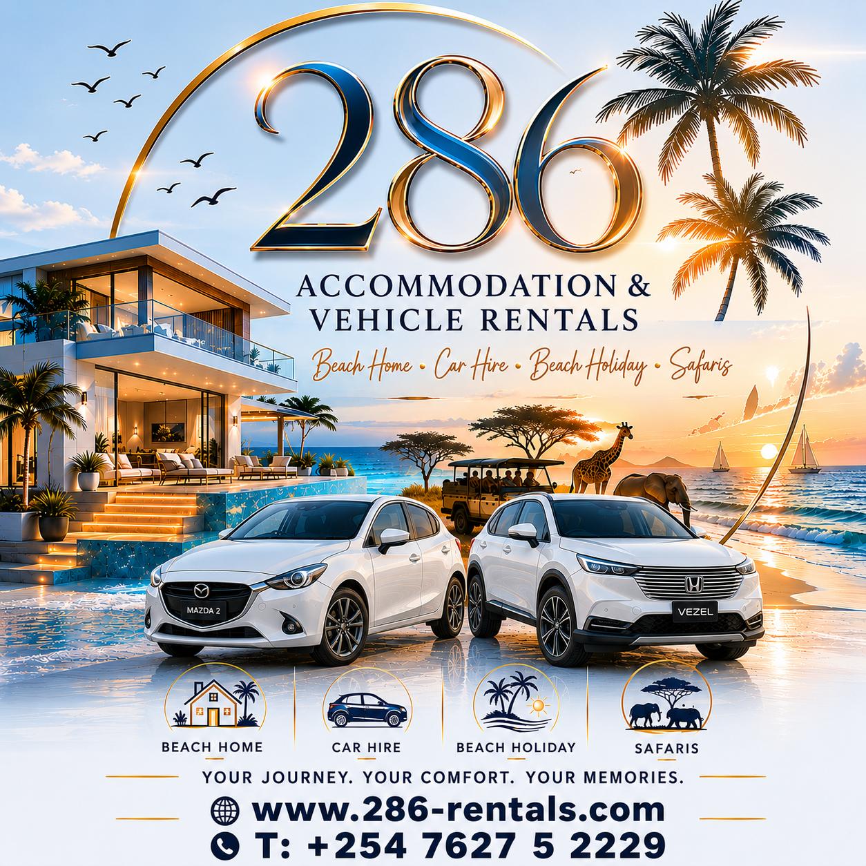 286 Accommodation & Vehicle Rentals — Beach Home, Car Hire, Beach Holiday & Safaris. Your Journey. Your Comfort. Your Memories.