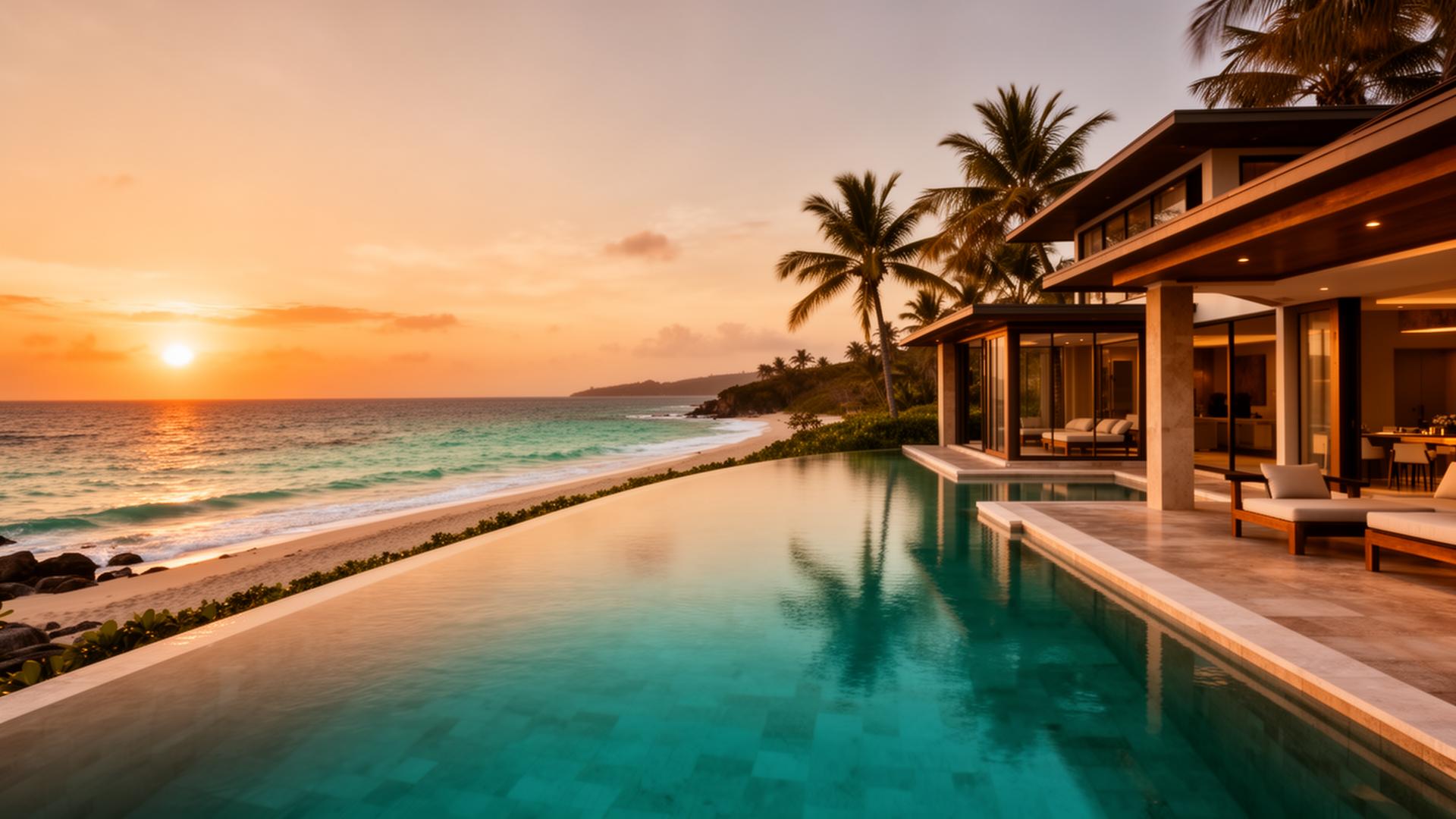Luxury beach villa at sunset